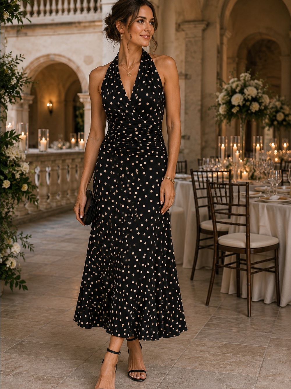 Evan Picone Black Champagne Polka Dot Halter Dress Size 8